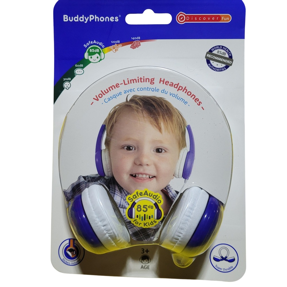 BuddyPhones Discover Fun Volume-Limiting Headphones for Kids Blue White